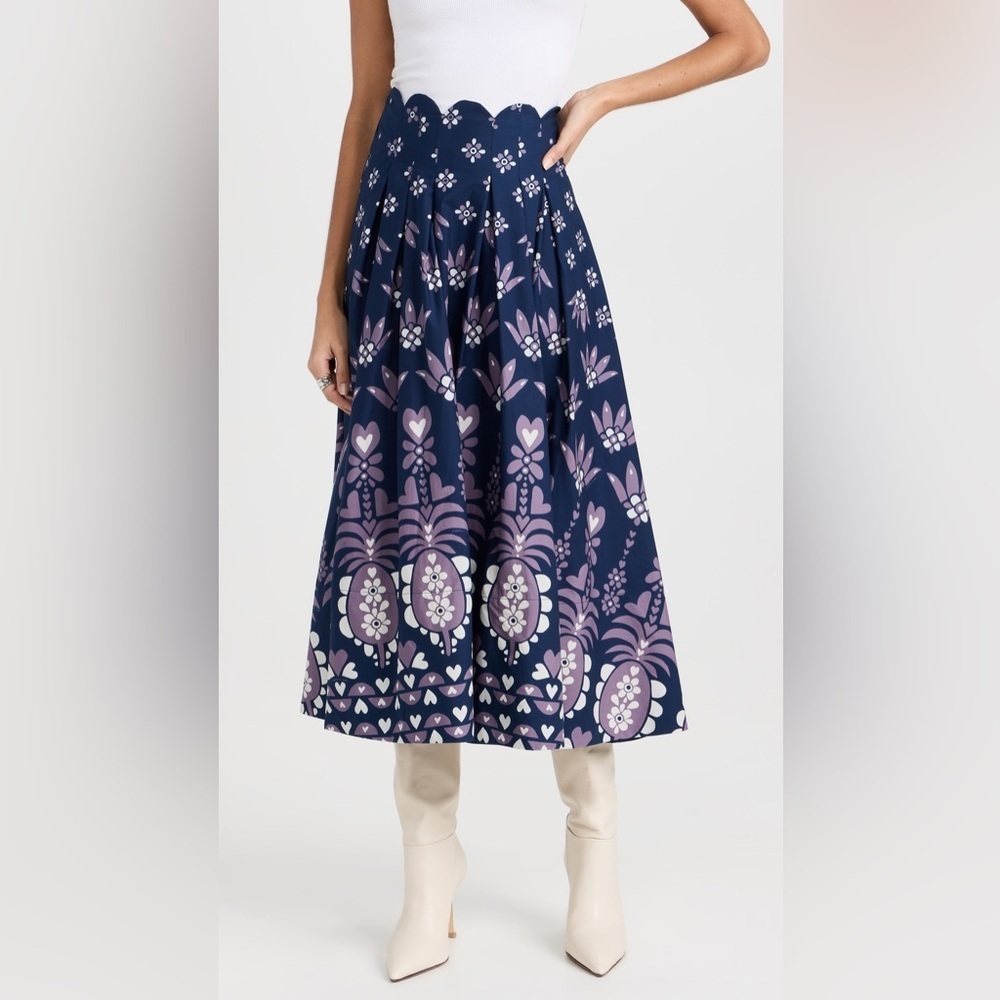 NWT FARM Rio Ainika Martina Dark Blue Floral Scalloped Cotton Midi Skirt - Picture 4 of 9